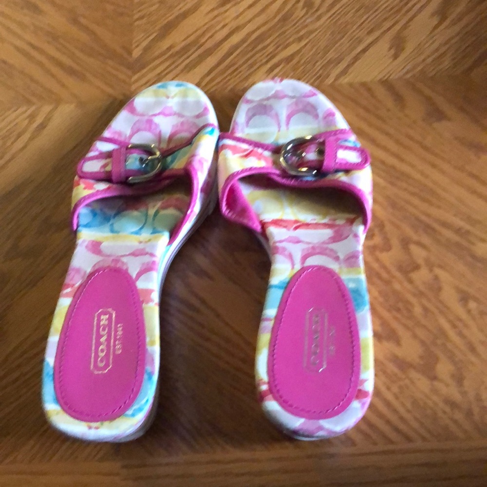 MOVING SALE NO HAGGLING WOMEN AUTHENTIC COACH PINK MULTICOLORED 9.5B WEDGE MULES